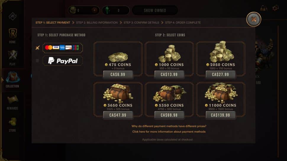 Legends of Runeterra Coins Store Screen