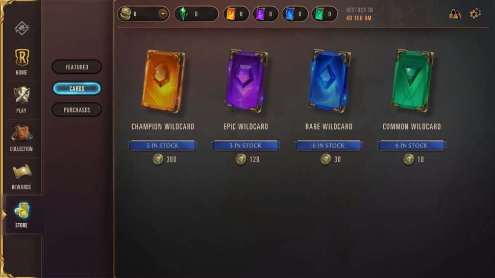 Legends of Runeterra Wild Card Store screen