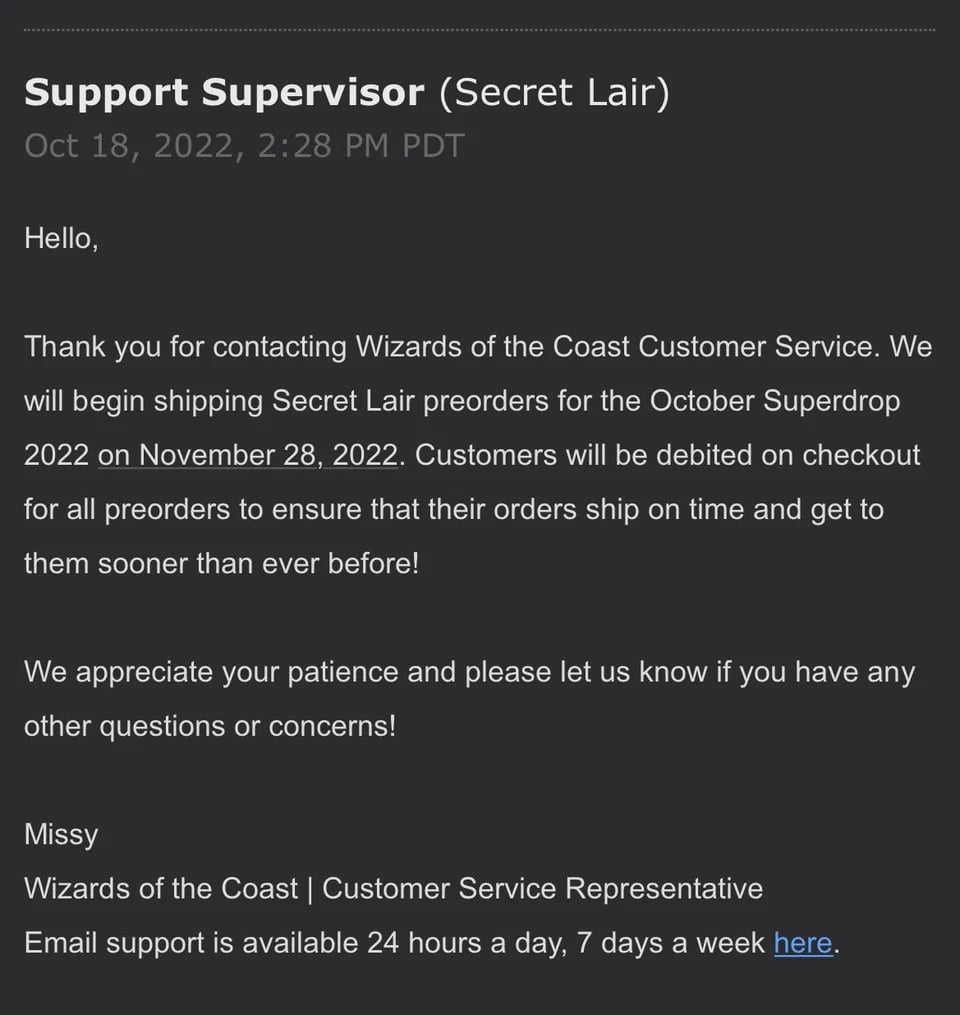 Secret Lair Shipping Support Post