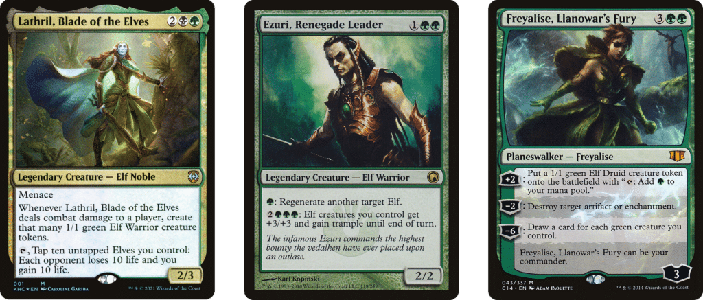 Lathril, Blade of the Elves, Ezuri, Renegade Leader and Freyalise, Llanowar's Fury