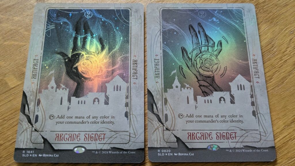 The normal and bonus versions of Arcane Signet, with art by Rovina Cai