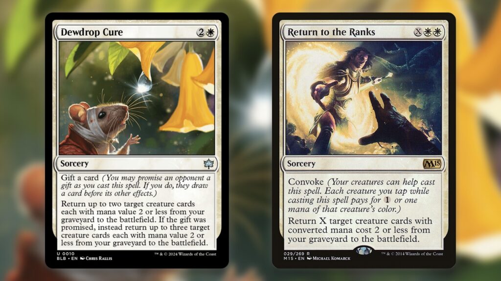 White MTG Cards Bloomburrow Dewdrop Cure and Return to the Ranks